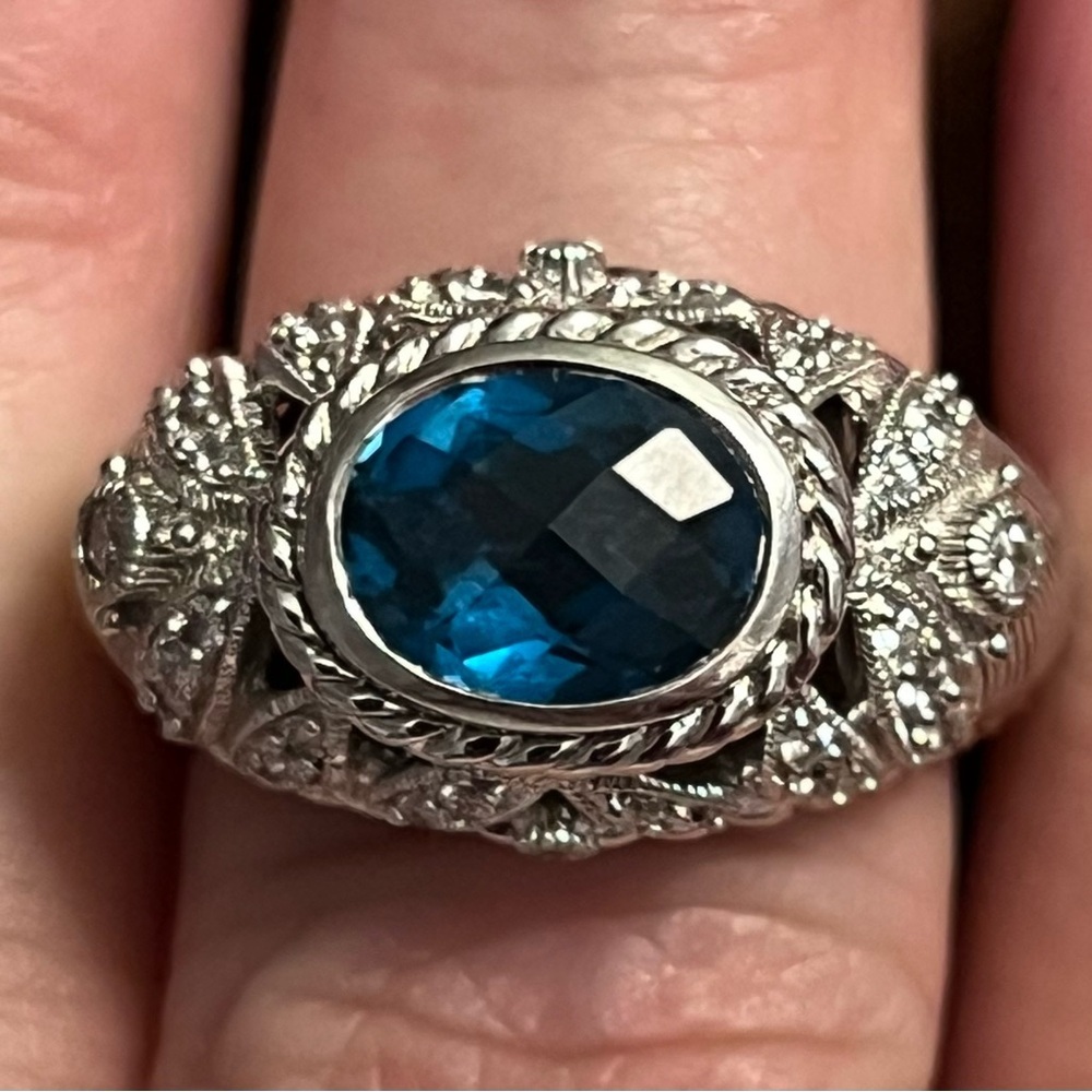 Judith Ripka London Blue Topaz Sterling Silver 925 Rope & Leaf Ring EC 8 #329 - Picture 12 of 12